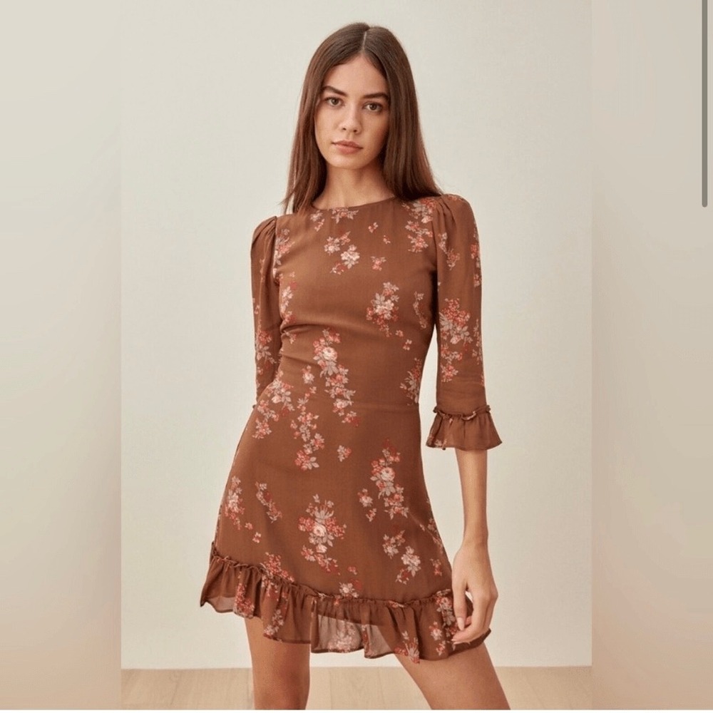 Reformation Doutzen Nona Brown Floral Ruffle Mini Dress Size 0‎